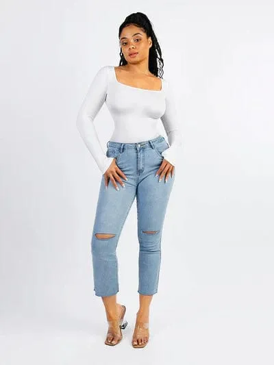 Square Neck Tummy Control Long Sleeve Shapewear Bodysuit