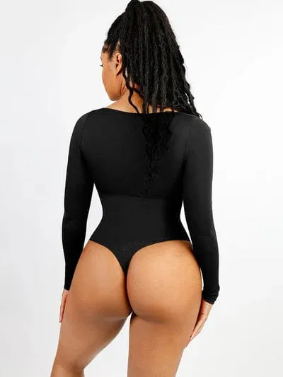 Square Neck Tummy Control Long Sleeve Shapewear Bodysuit
