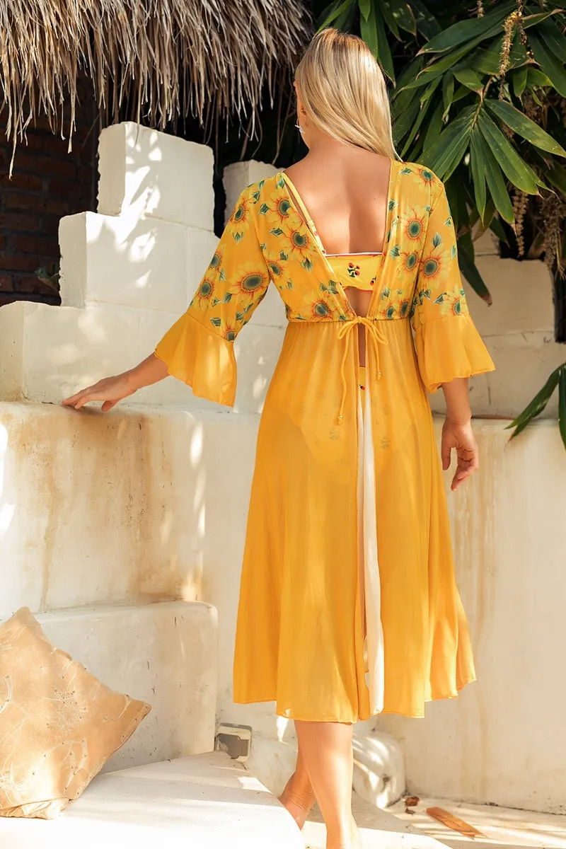 Sunflower Print Chiffon Tunic Beach Dress Cover Up