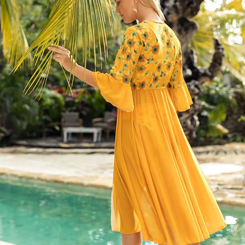 Sunflower Print Chiffon Tunic Beach Dress Cover Up