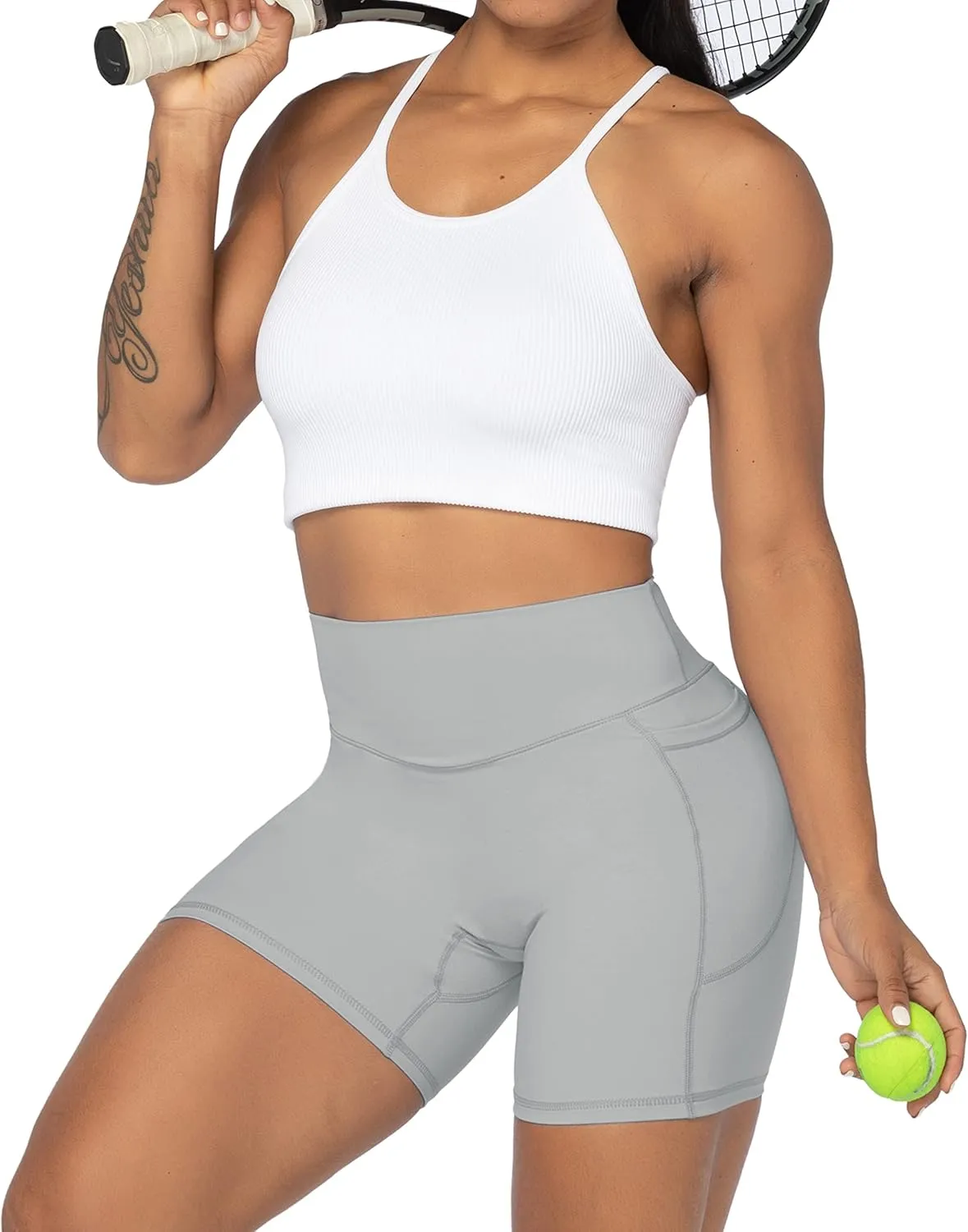 Sunzel No Front Seam Biker Shorts for Women with Pockets, Yoga Workout Gym Bike Shorts with Tummy Control