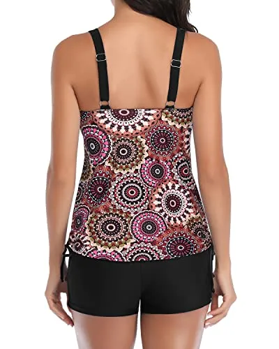 Swim Top Drawstring Boyshorts 2 Piece Tankini Swimsuits-Brown Print