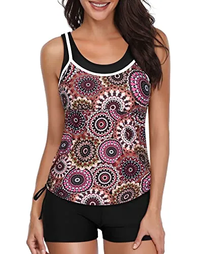 Swim Top Drawstring Boyshorts 2 Piece Tankini Swimsuits-Brown Print
