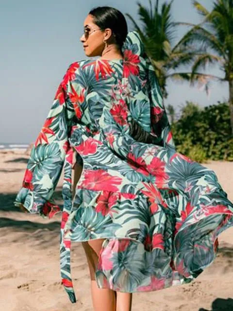 Swimsuit Cover Up - Lightweight Chiffon, Bohemian Style, Solid Pattern