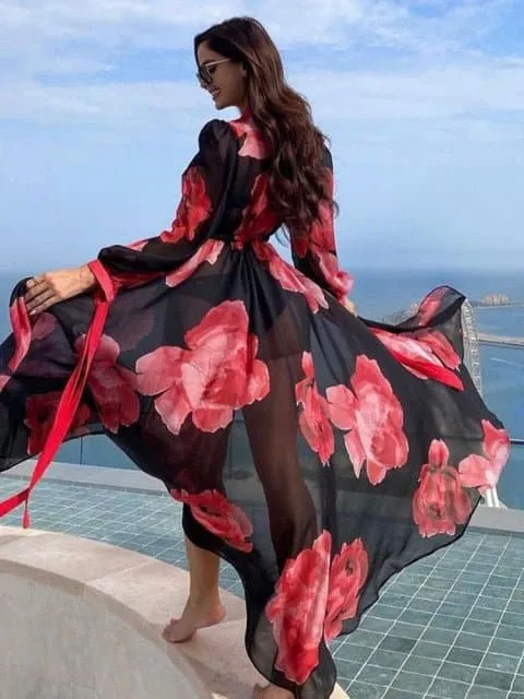 Swimsuit Cover Up - Lightweight Chiffon, Bohemian Style, Solid Pattern