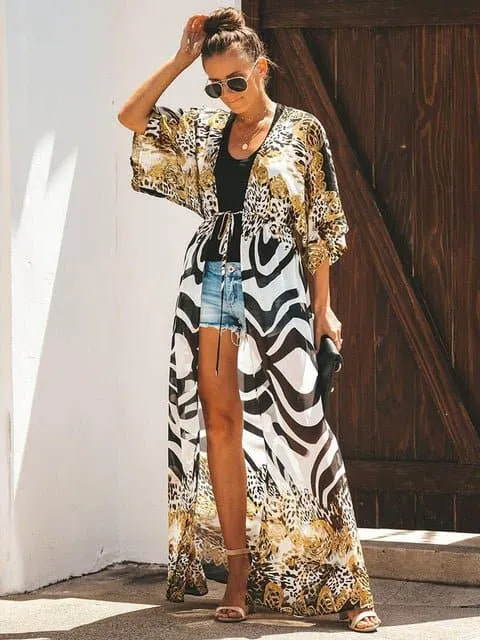 Swimsuit Cover Up - Lightweight Chiffon, Bohemian Style, Solid Pattern
