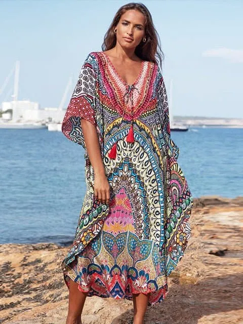 Swimsuit Cover Up - Lightweight Chiffon, Bohemian Style, Solid Pattern
