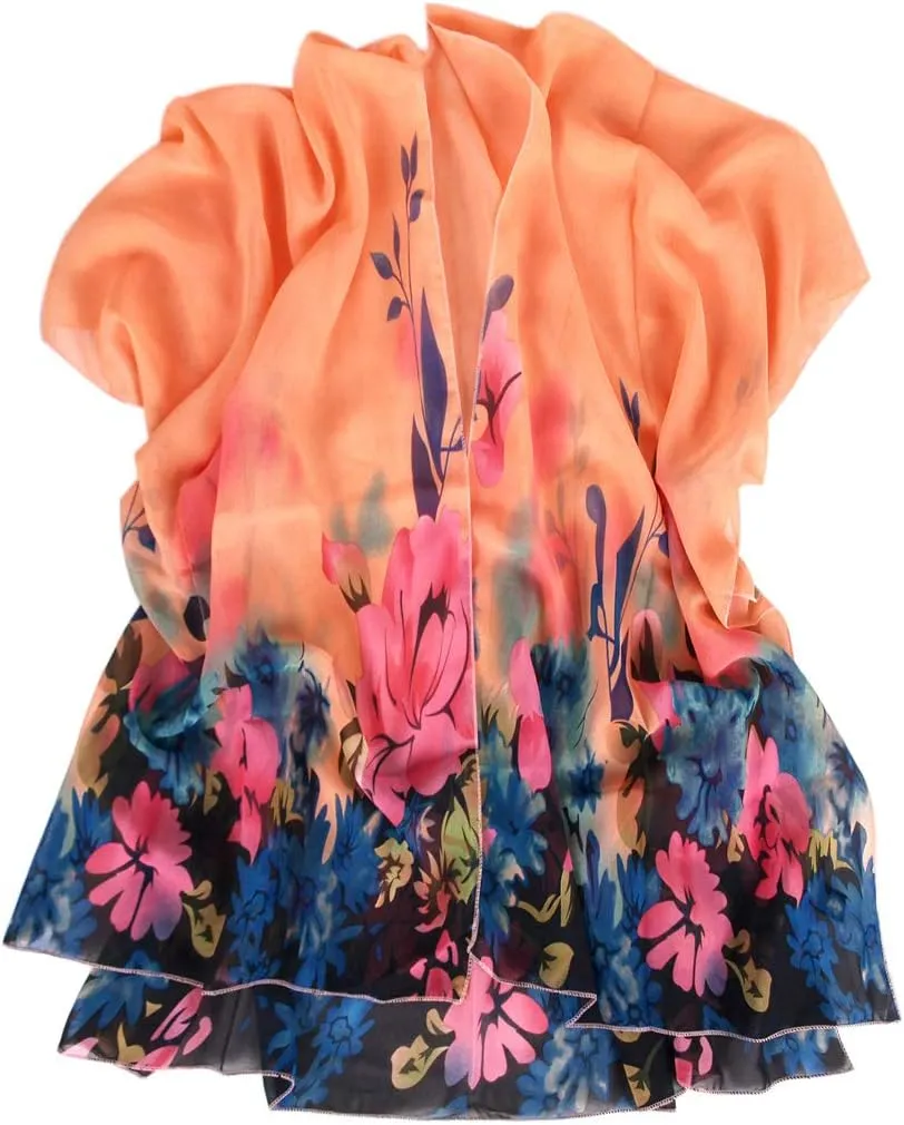 TrendsBlue Elegant Chiffon Floral Sheer Kimono Wrap Cardigan Beach Cover Up