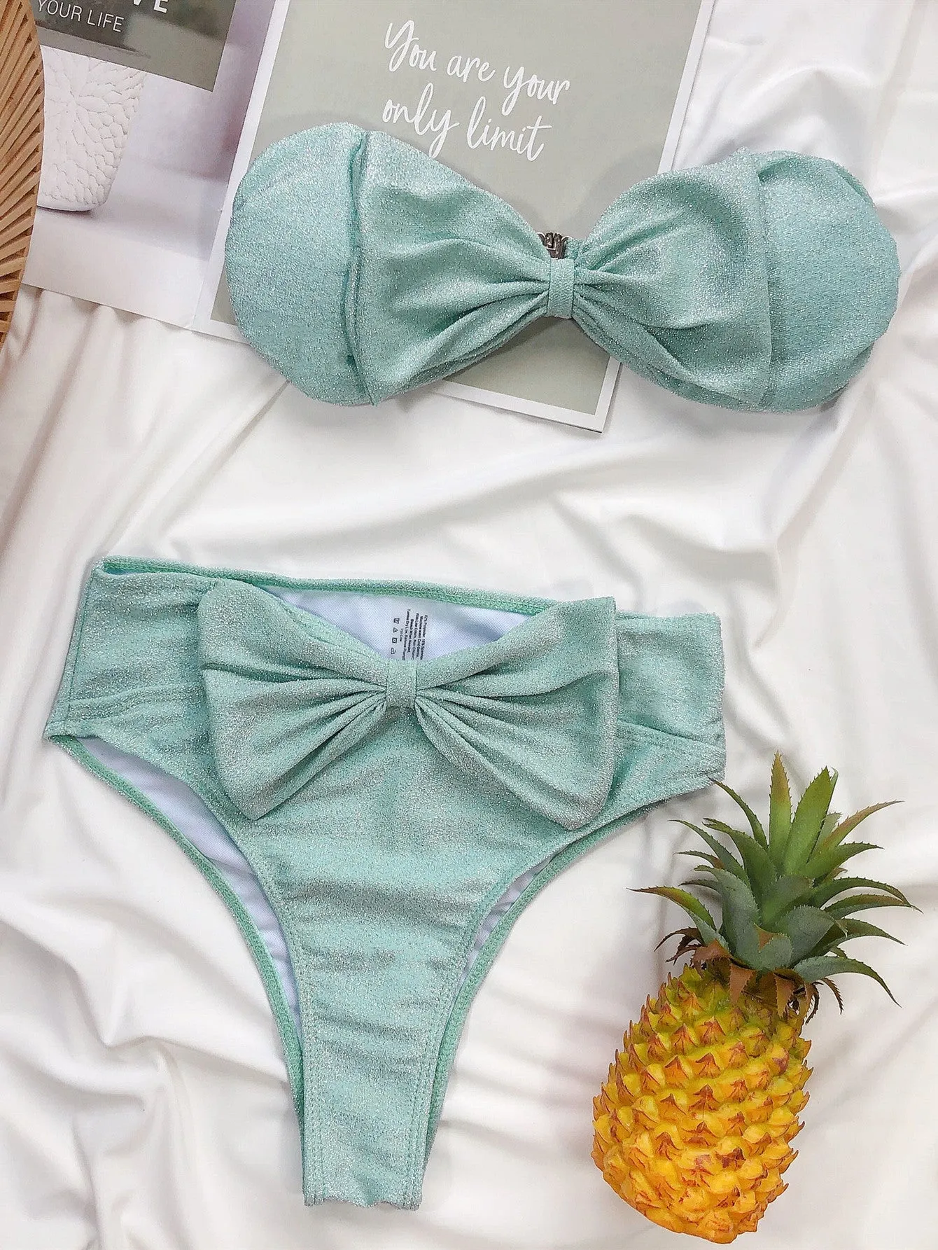 Upopby High Waist Swimsuit Bowknot Silk Solid Bikini Set