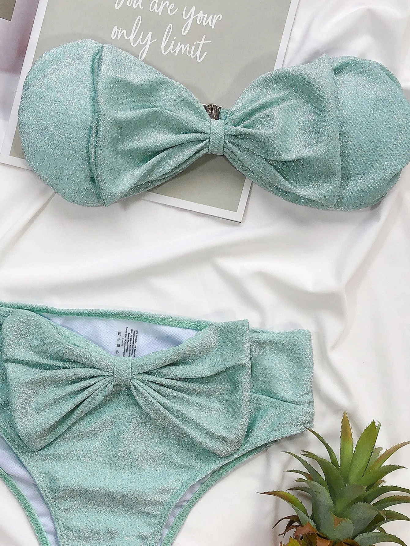 Upopby High Waist Swimsuit Bowknot Silk Solid Bikini Set