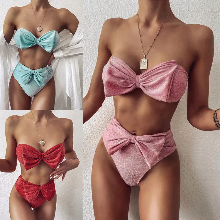 Upopby High Waist Swimsuit Bowknot Silk Solid Bikini Set