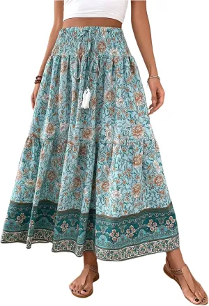Verdusa Women's Floral High Waisted Ruffle Long Skirt Boho Drawstring Tiered Flowy Maxi Skirts