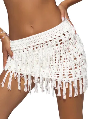 Verdusa Women's Fringe Trim Hollow Out Crochet Short Skirt Cover Up