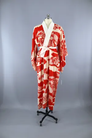 Vintage 1930s Silk Kimono Robe / Red Ivory Floral