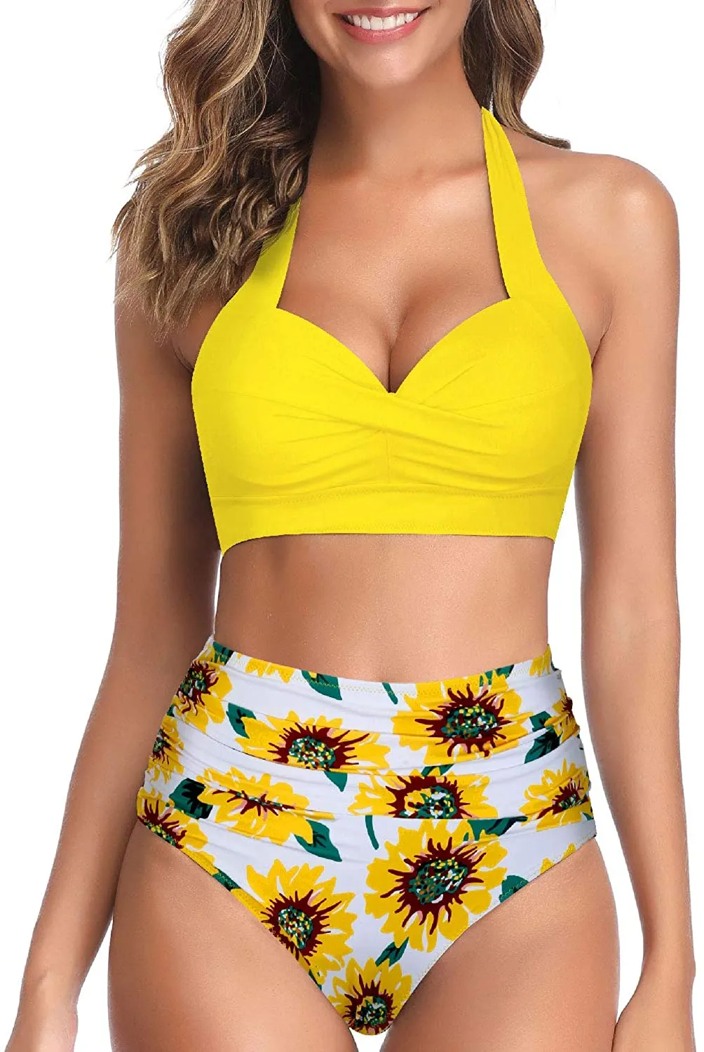 Vintage Style Halter White Ruched High Waist 2pc Bikini Swimsuit