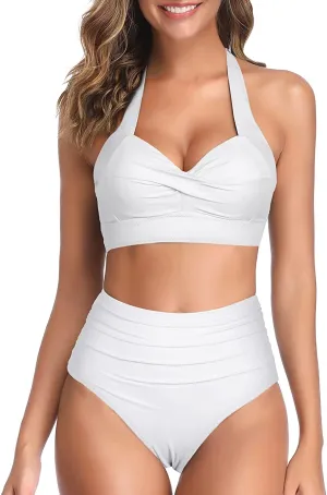Vintage Style Halter White Ruched High Waist 2pc Bikini Swimsuit