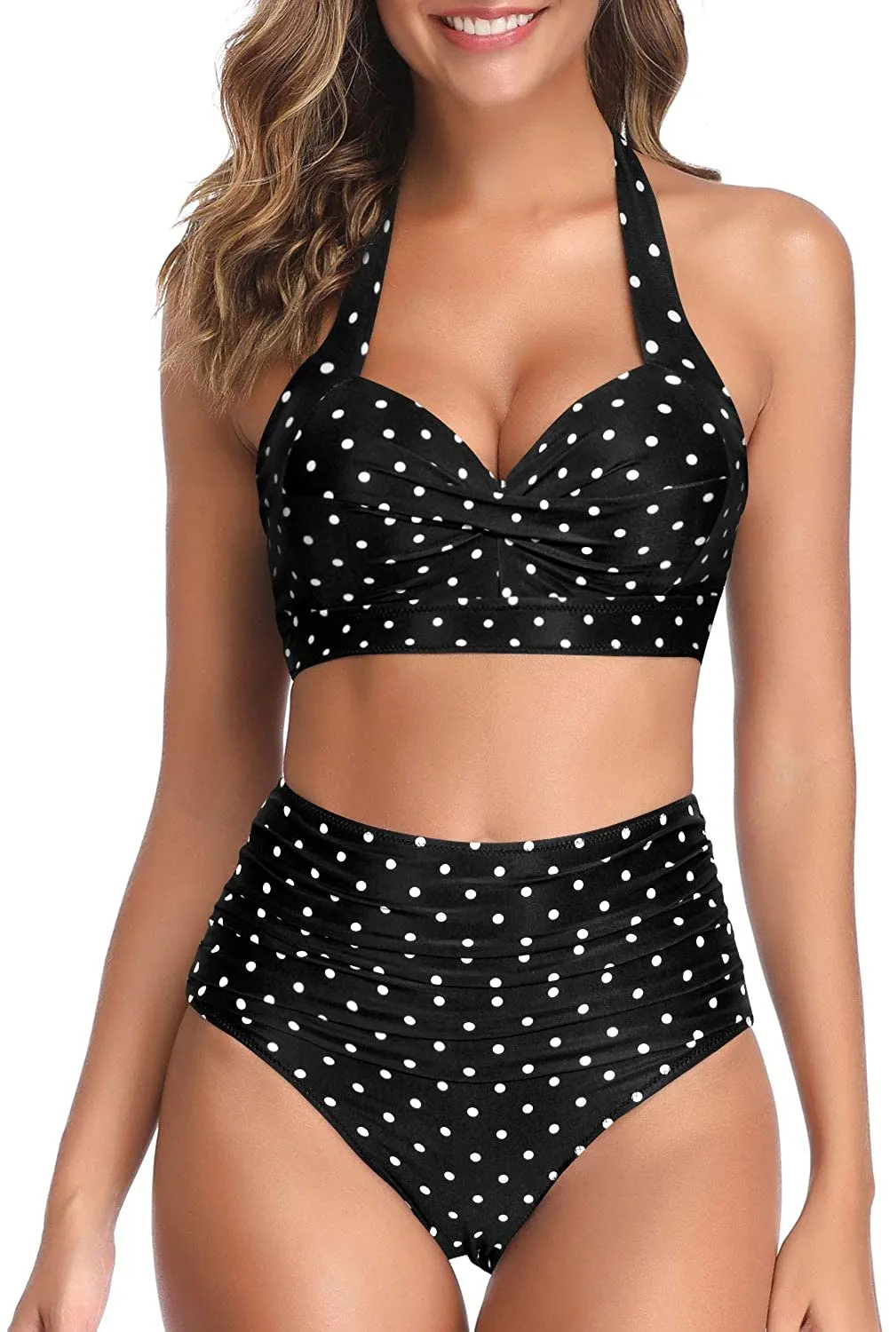 Vintage Style Halter White Ruched High Waist 2pc Bikini Swimsuit
