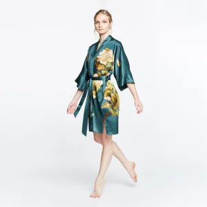Washable Silk Peony & Butterfly Short Kimono Robe