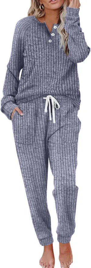 WIHOLL Two Piece Outfits for Women Lounge Sets Button Down Sweatshirt Sweatpants Sweatsuits Set with Pockets