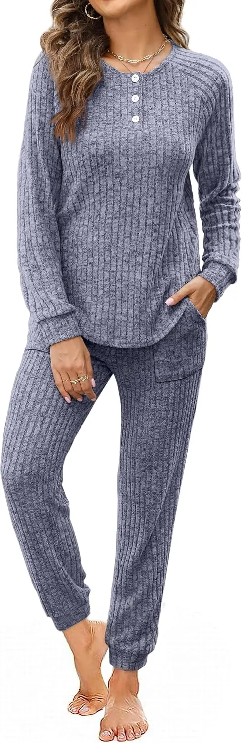 WIHOLL Two Piece Outfits for Women Lounge Sets Button Down Sweatshirt Sweatpants Sweatsuits Set with Pockets