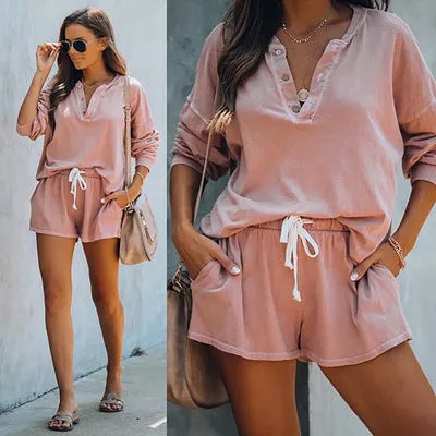 Women Casual Two Piece Pajamas Set Long Sleeve Pullover With Shorts Lounge Wear Jogger Set