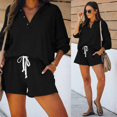 Women Casual Two Piece Pajamas Set Long Sleeve Pullover With Shorts Lounge Wear Jogger Set