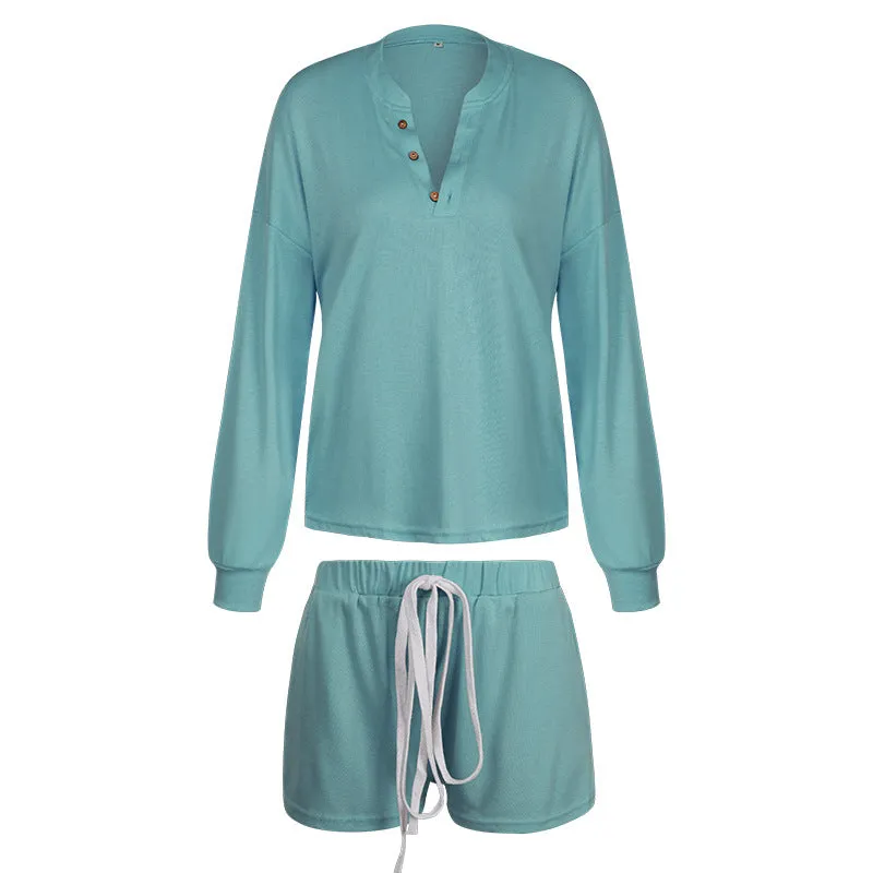 Women Casual Two Piece Pajamas Set Long Sleeve Pullover With Shorts Lounge Wear Jogger Set