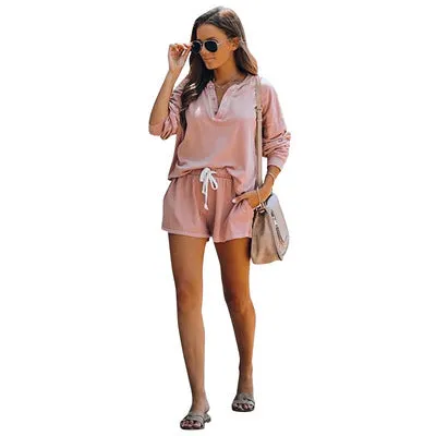 Women Casual Two Piece Pajamas Set Long Sleeve Pullover With Shorts Lounge Wear Jogger Set