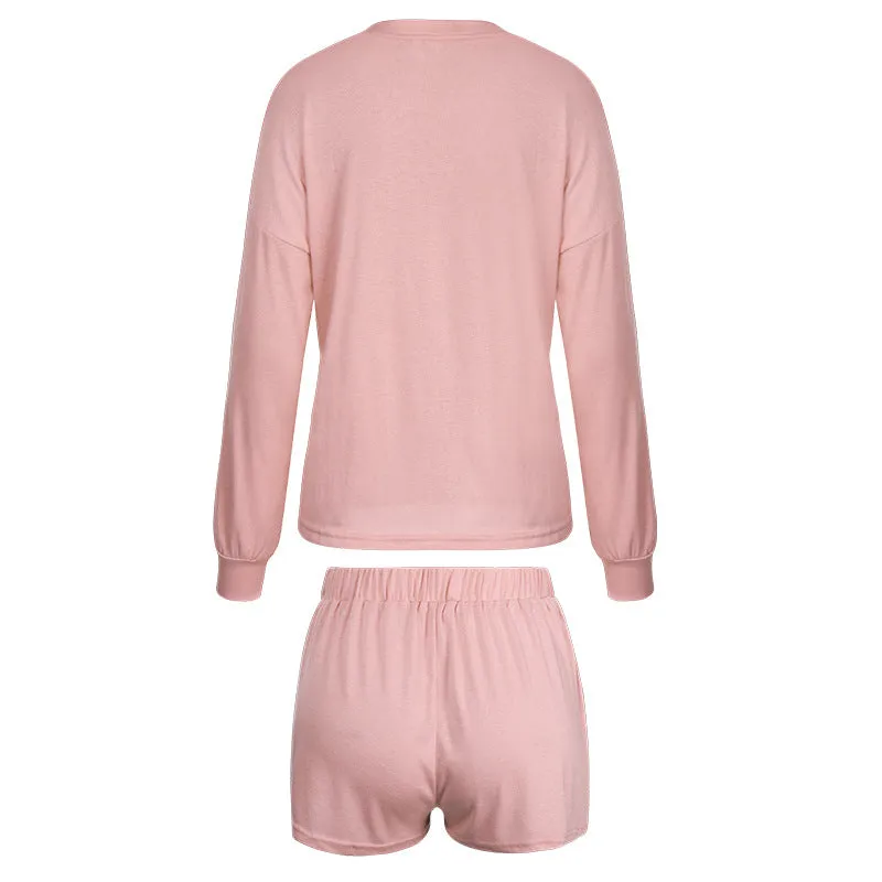 Women Casual Two Piece Pajamas Set Long Sleeve Pullover With Shorts Lounge Wear Jogger Set