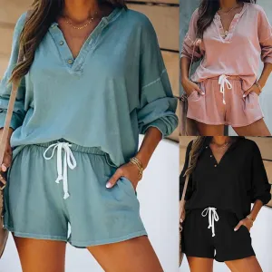 Women Casual Two Piece Pajamas Set Long Sleeve Pullover With Shorts Lounge Wear Jogger Set