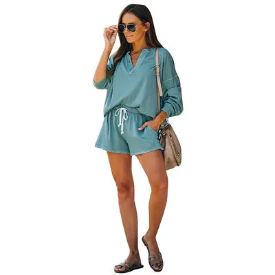 Women Casual Two Piece Pajamas Set Long Sleeve Pullover With Shorts Lounge Wear Jogger Set