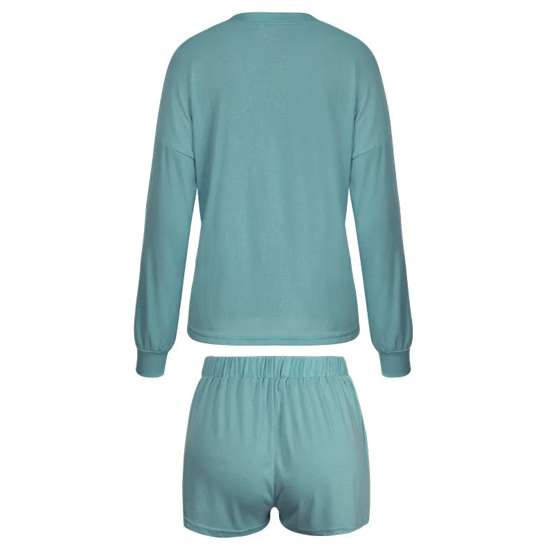 Women Casual Two Piece Pajamas Set Long Sleeve Pullover With Shorts Lounge Wear Jogger Set