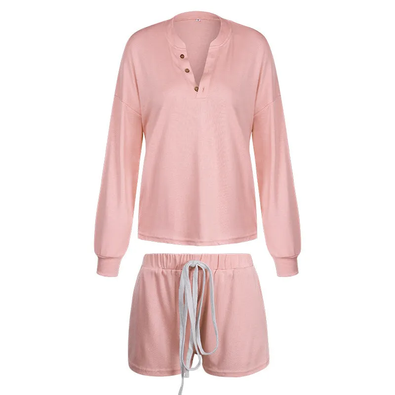 Women Casual Two Piece Pajamas Set Long Sleeve Pullover With Shorts Lounge Wear Jogger Set