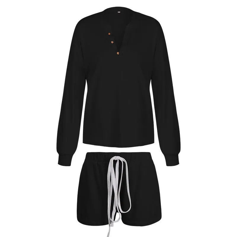 Women Casual Two Piece Pajamas Set Long Sleeve Pullover With Shorts Lounge Wear Jogger Set