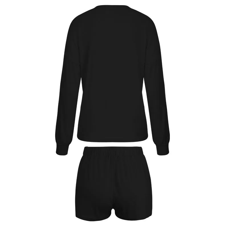 Women Casual Two Piece Pajamas Set Long Sleeve Pullover With Shorts Lounge Wear Jogger Set