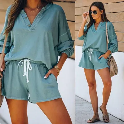 Women Casual Two Piece Pajamas Set Long Sleeve Pullover With Shorts Lounge Wear Jogger Set