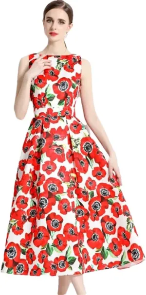 Women Sleeveless Tank Dress Cocktail Party Floral Robe Vintage A Line Formal Occasion Dresses