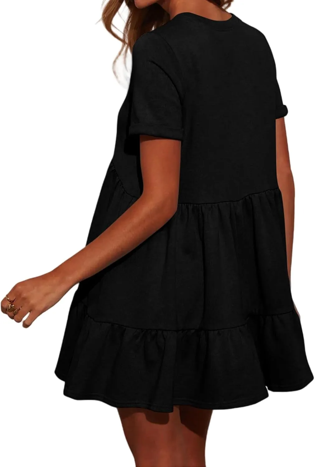 Womens Casual Swing Mini Dress Summer Short Sleeve Crewneck Babydoll Short Sun Dresses with Pockets