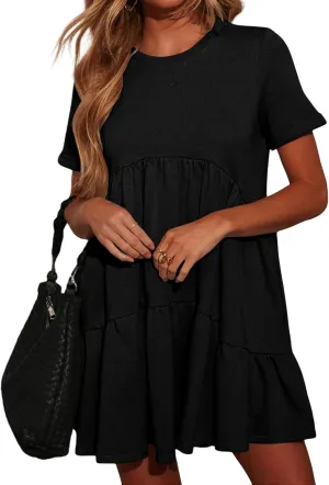 Womens Casual Swing Mini Dress Summer Short Sleeve Crewneck Babydoll Short Sun Dresses with Pockets