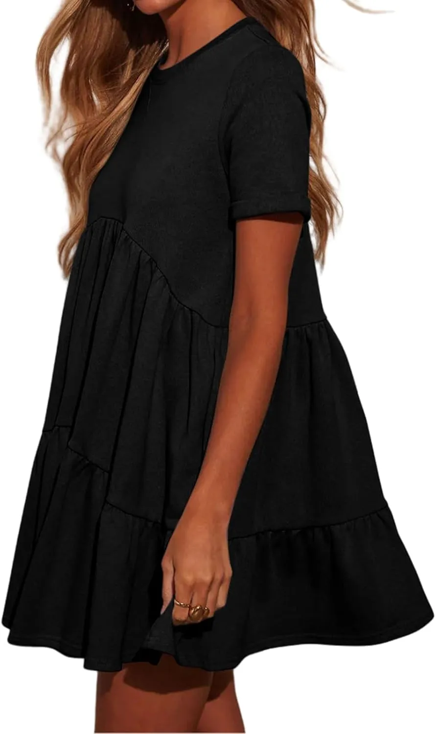 Womens Casual Swing Mini Dress Summer Short Sleeve Crewneck Babydoll Short Sun Dresses with Pockets