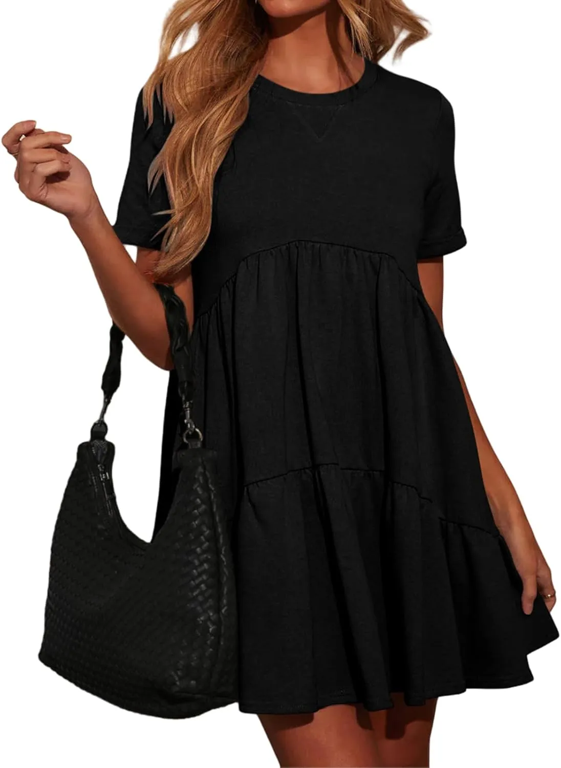 Womens Casual Swing Mini Dress Summer Short Sleeve Crewneck Babydoll Short Sun Dresses with Pockets