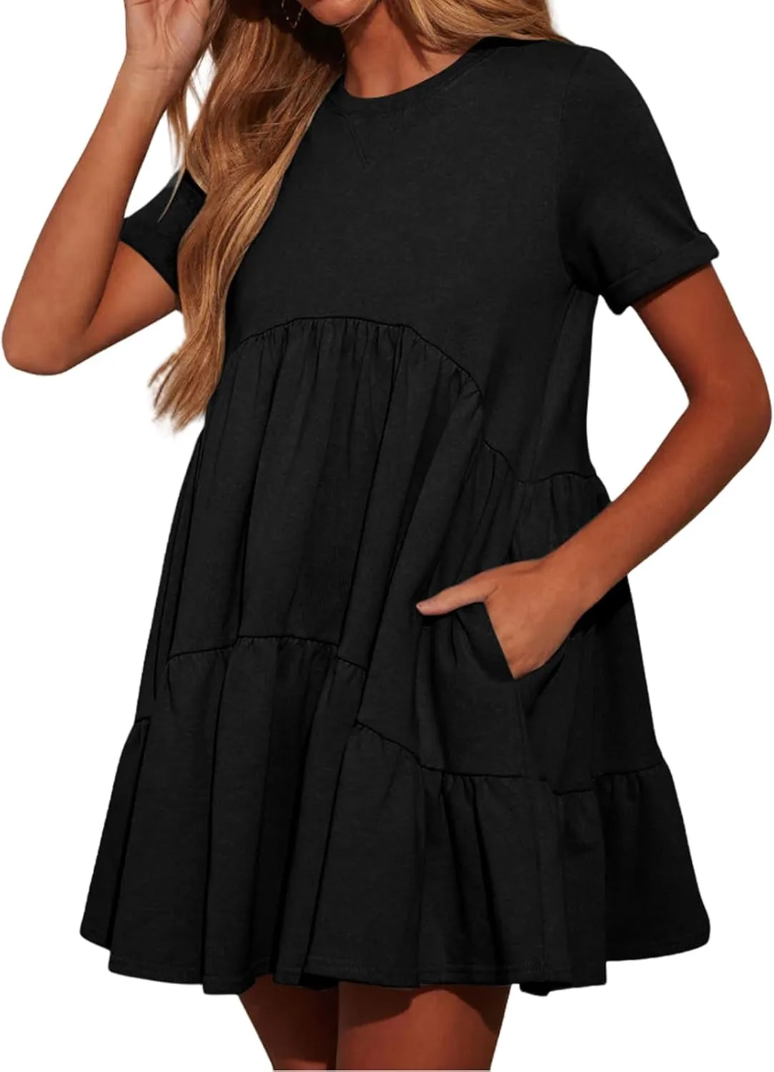 Womens Casual Swing Mini Dress Summer Short Sleeve Crewneck Babydoll Short Sun Dresses with Pockets