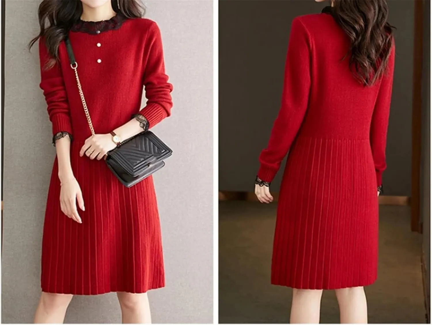 Women's Lace Knit Party Dress - O-Neck Long Sleeve Button Slim A-Line