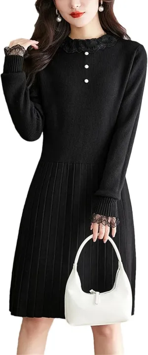 Women's Lace Knit Party Dress - O-Neck Long Sleeve Button Slim A-Line