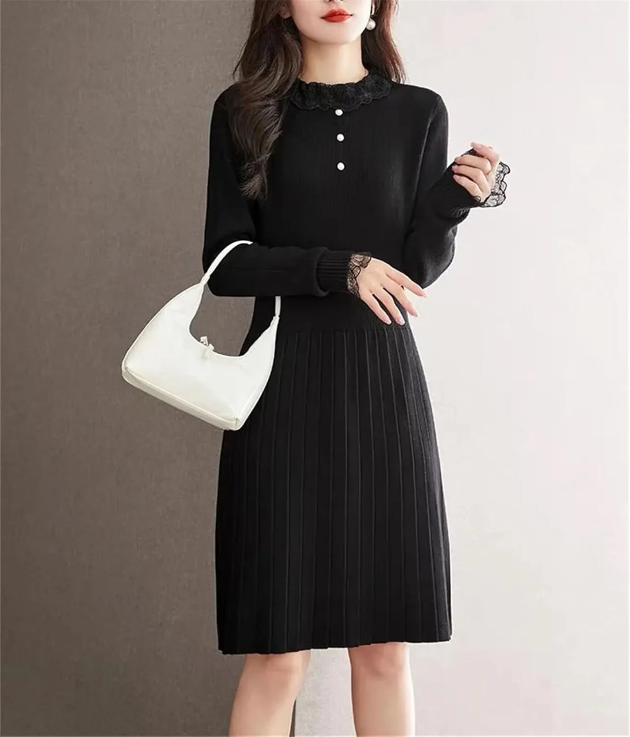 Women's Lace Knit Party Dress - O-Neck Long Sleeve Button Slim A-Line