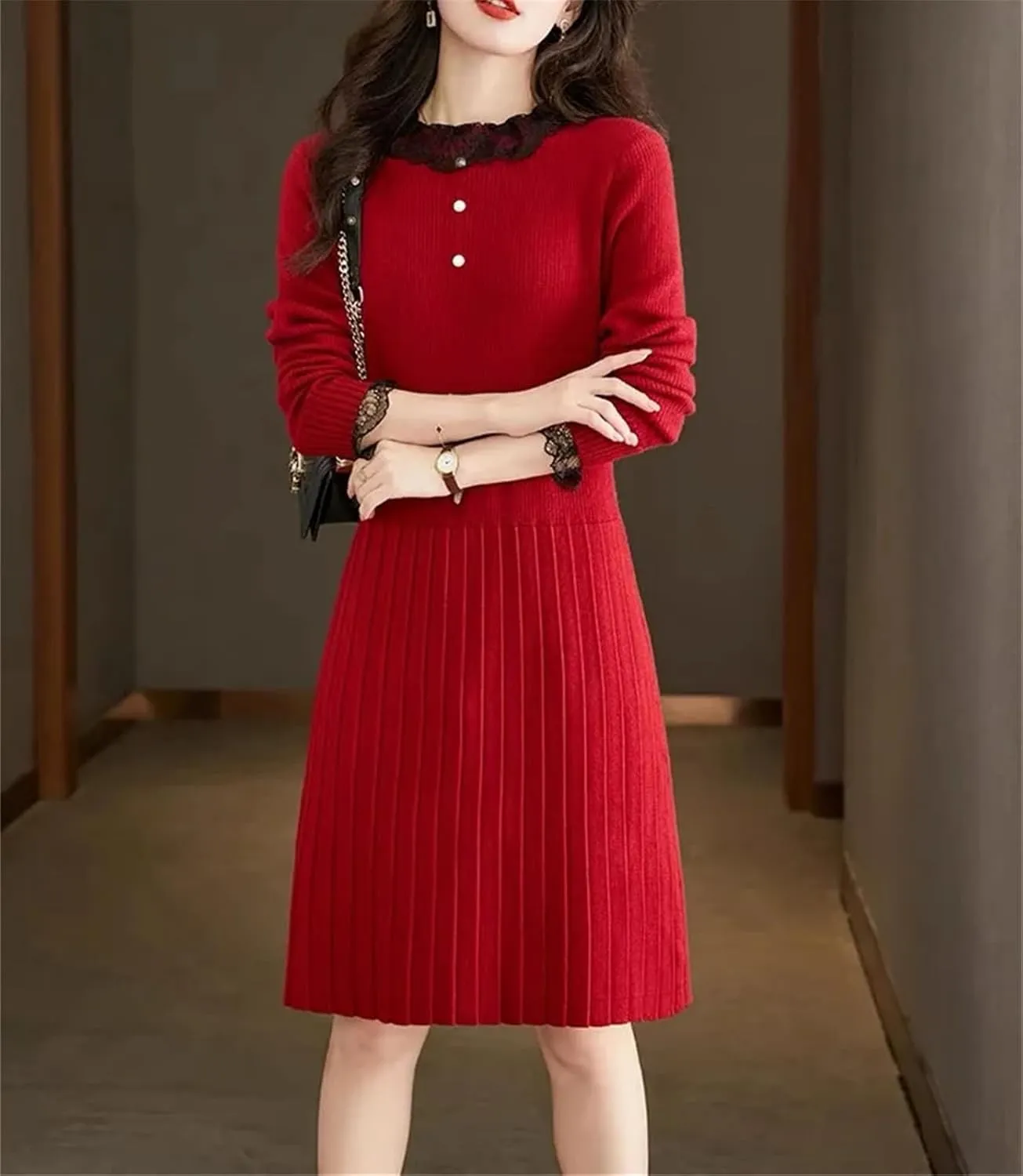 Women's Lace Knit Party Dress - O-Neck Long Sleeve Button Slim A-Line