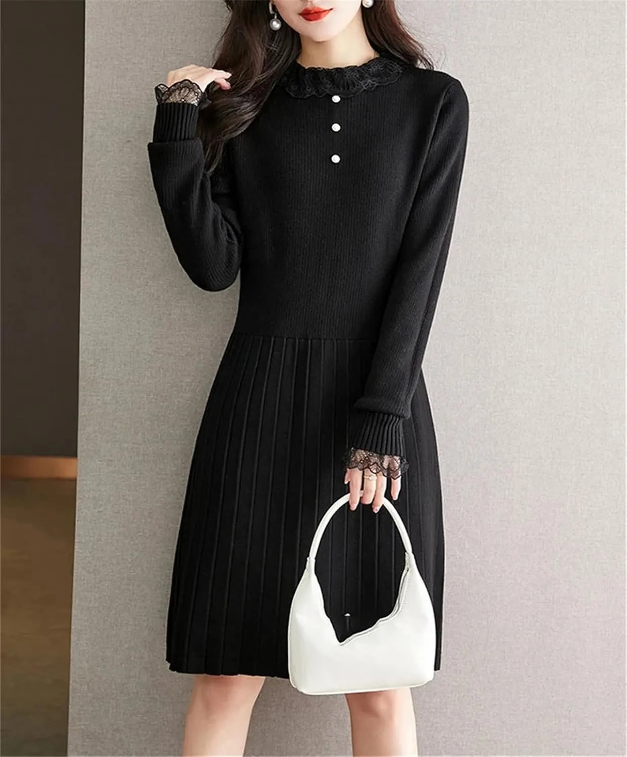 Women's Lace Knit Party Dress - O-Neck Long Sleeve Button Slim A-Line