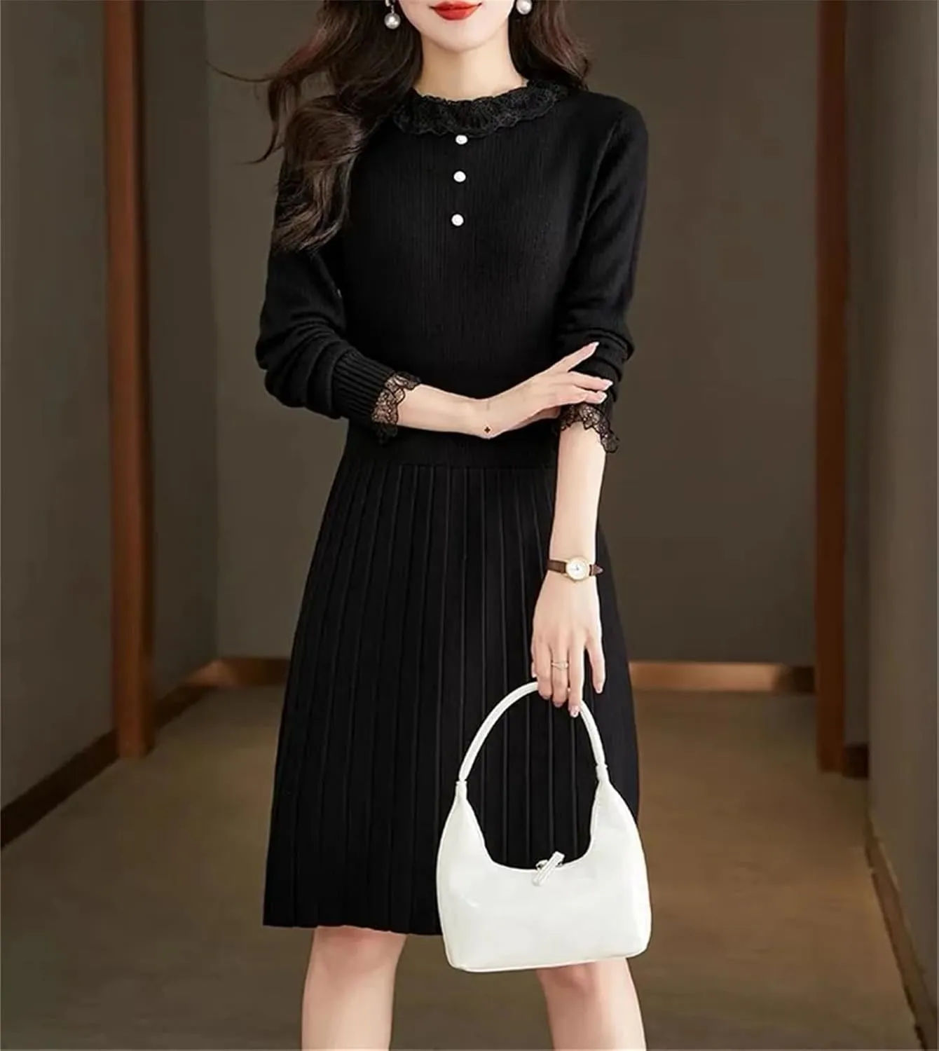 Women's Lace Knit Party Dress - O-Neck Long Sleeve Button Slim A-Line