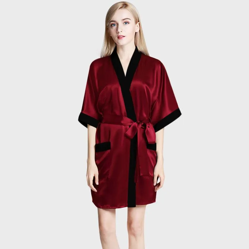 Women's Mulberry Silk Short Robe with Pockets 100% Pure Silk Bathrobe with Belt