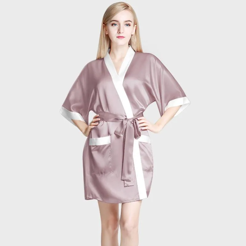 Women's Mulberry Silk Short Robe with Pockets 100% Pure Silk Bathrobe with Belt